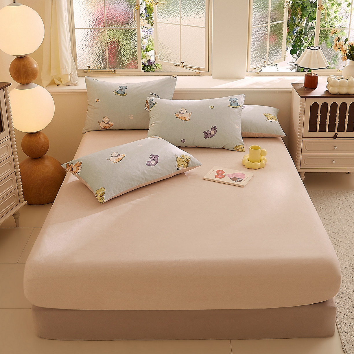 91家纺网 家纺一手货源 找家纺 DoDo 兜兜 2026新款全棉纯棉磨毛印花单床笠 床笠单件 B版燕麦奶-俏皮狗