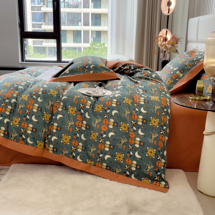 91家纺网 家纺一手货源 找家纺 印季家纺 2025新款生态全棉纯棉磨毛混纺欧式花边款四件套 艾玛（兰）