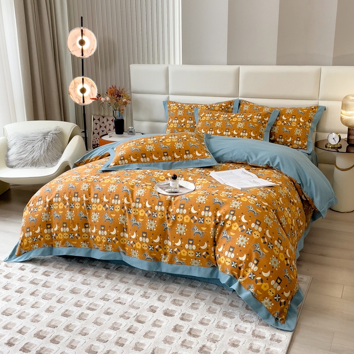 91家纺网 家纺一手货源 找家纺 印季家纺 2025新款生态全棉纯棉磨毛混纺欧式花边款四件套 安妮（橙）