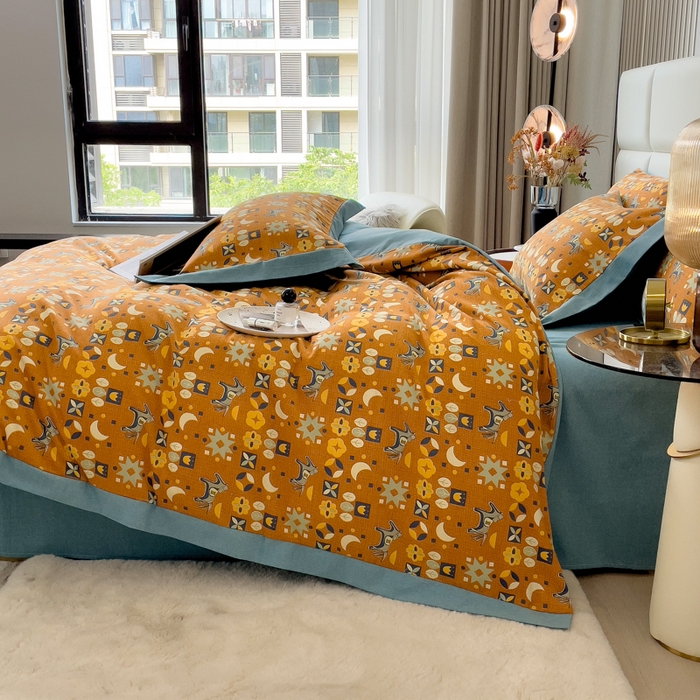 91家纺网 家纺一手货源 找家纺 印季家纺 2025新款生态全棉纯棉磨毛混纺欧式花边款四件套 安妮（橙）