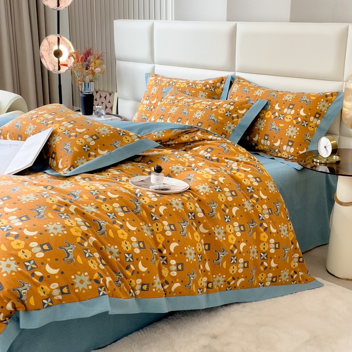 91家纺网 家纺一手货源 找家纺 印季家纺 2025新款生态全棉纯棉磨毛混纺欧式花边款四件套 安妮（橙）