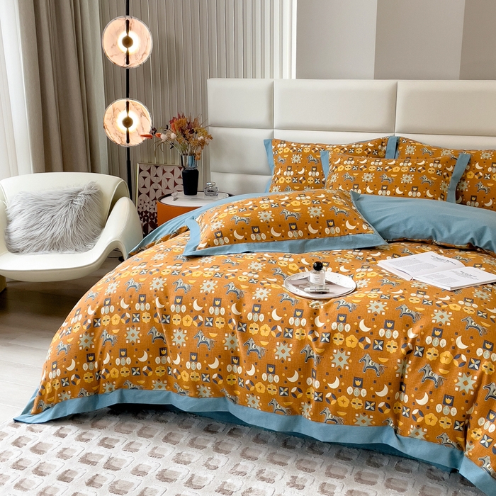 91家纺网 家纺一手货源 找家纺 印季家纺 2025新款生态全棉纯棉磨毛混纺欧式花边款四件套 安妮（橙）