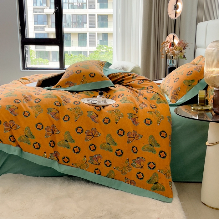 91家纺网 家纺一手货源 找家纺 印季家纺 2025新款生态全棉纯棉磨毛混纺欧式花边款四件套 蝶恋