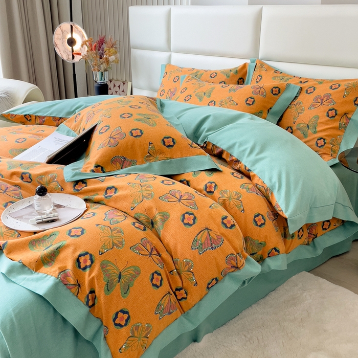 91家纺网 家纺一手货源 找家纺 印季家纺 2025新款生态全棉纯棉磨毛混纺欧式花边款四件套 蝶恋