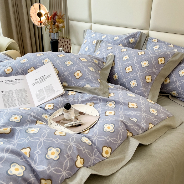 91家纺网 家纺一手货源 找家纺 印季家纺 2025新款生态全棉纯棉磨毛混纺欧式花边款四件套 卡萨（蓝）