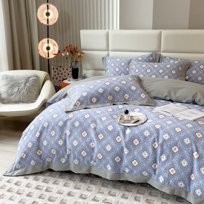 91家纺网 家纺一手货源 找家纺 印季家纺 2025新款生态全棉纯棉磨毛混纺欧式花边款四件套 卡萨（蓝）