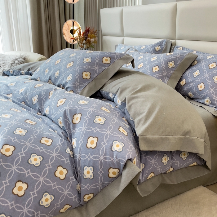 91家纺网 家纺一手货源 找家纺 印季家纺 2025新款生态全棉纯棉磨毛混纺欧式花边款四件套 卡萨（蓝）