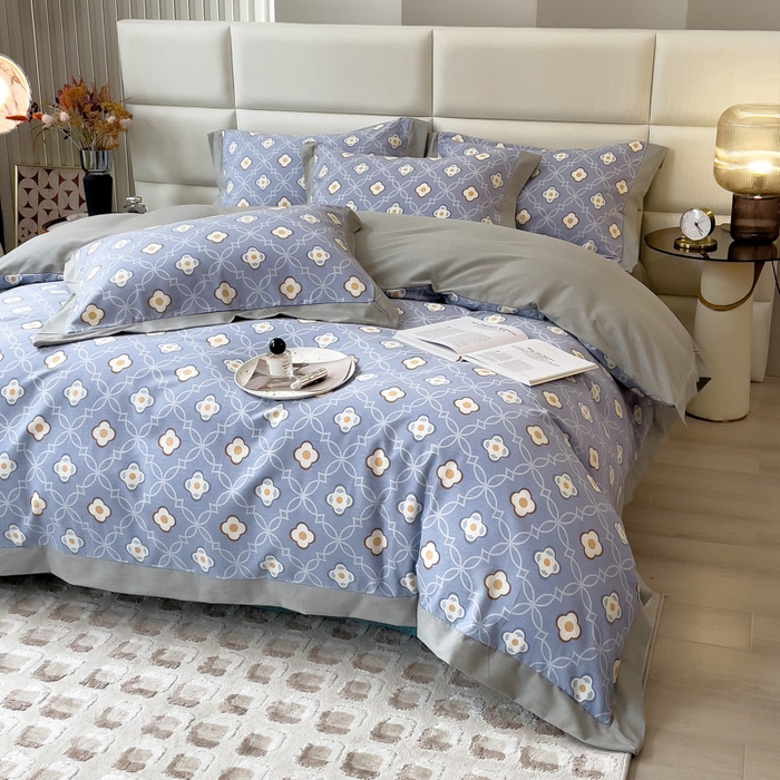 91家纺网 家纺一手货源 找家纺 印季家纺 2025新款生态全棉纯棉磨毛混纺欧式花边款四件套 卡萨（蓝）