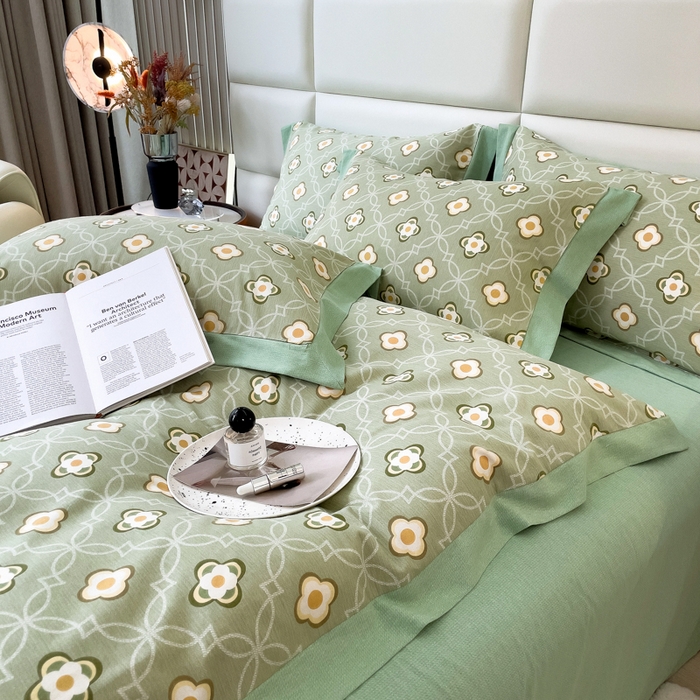 91家纺网 家纺一手货源 找家纺 印季家纺 2025新款生态全棉纯棉磨毛混纺欧式花边款四件套 卡萨（绿）