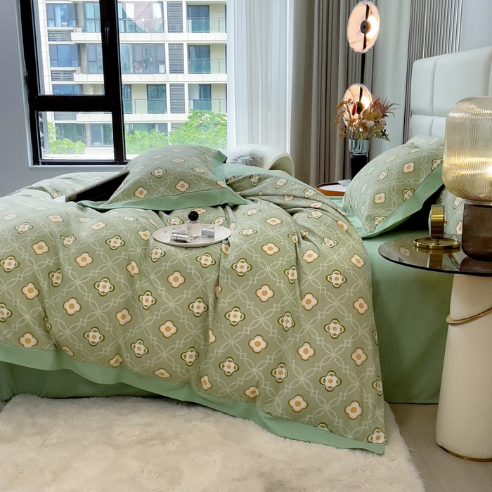 91家纺网 家纺一手货源 找家纺 印季家纺 2025新款生态全棉纯棉磨毛混纺欧式花边款四件套 卡萨（绿）