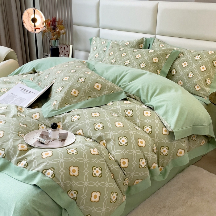 91家纺网 家纺一手货源 找家纺 印季家纺 2025新款生态全棉纯棉磨毛混纺欧式花边款四件套 卡萨（绿）