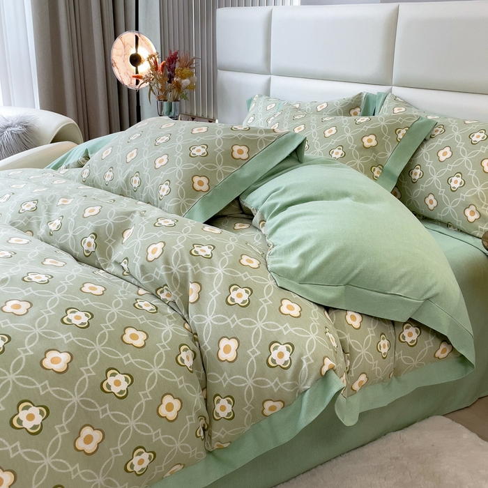 91家纺网 家纺一手货源 找家纺 印季家纺 2025新款生态全棉纯棉磨毛混纺欧式花边款四件套 卡萨（绿）
