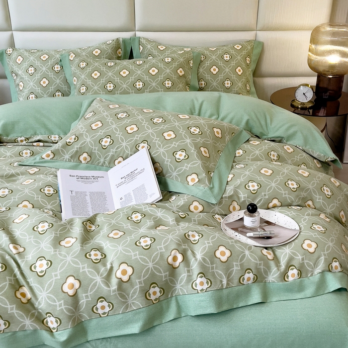 91家纺网 家纺一手货源 找家纺 印季家纺 2025新款生态全棉纯棉磨毛混纺欧式花边款四件套 卡萨（绿）