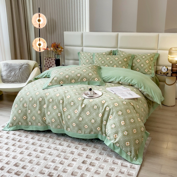 91家纺网 家纺一手货源 找家纺 印季家纺 2025新款生态全棉纯棉磨毛混纺欧式花边款四件套 卡萨（绿）