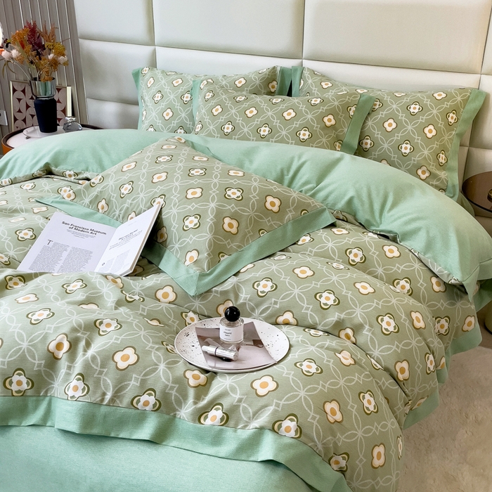 91家纺网 家纺一手货源 找家纺 印季家纺 2025新款生态全棉纯棉磨毛混纺欧式花边款四件套 卡萨（绿）