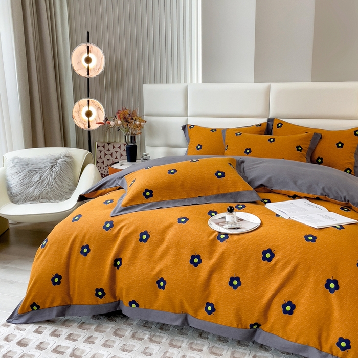 91家纺网 家纺一手货源 找家纺 印季家纺 2025新款生态全棉纯棉磨毛混纺欧式花边款四件套 蓝影花