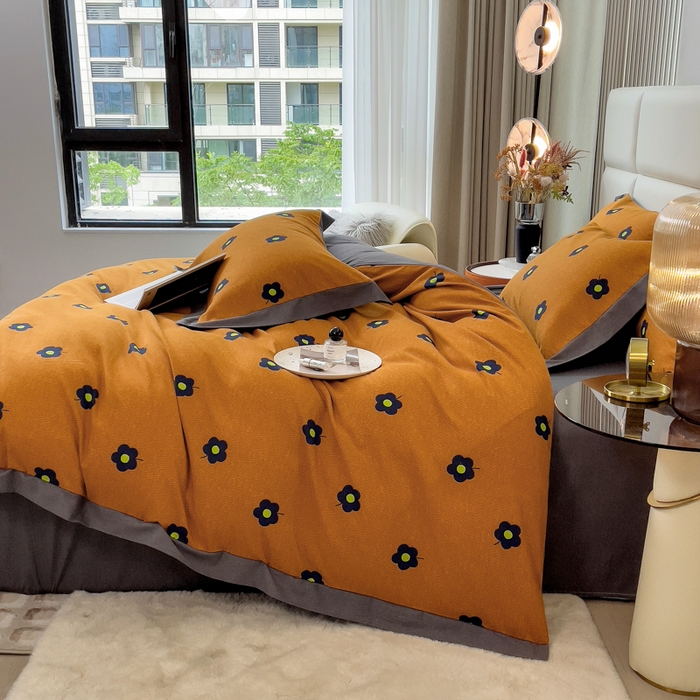 91家纺网 家纺一手货源 找家纺 印季家纺 2025新款生态全棉纯棉磨毛混纺欧式花边款四件套 蓝影花