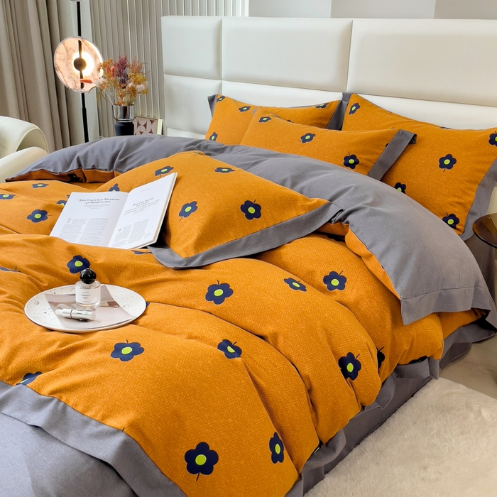 91家纺网 家纺一手货源 找家纺 印季家纺 2025新款生态全棉纯棉磨毛混纺欧式花边款四件套 蓝影花