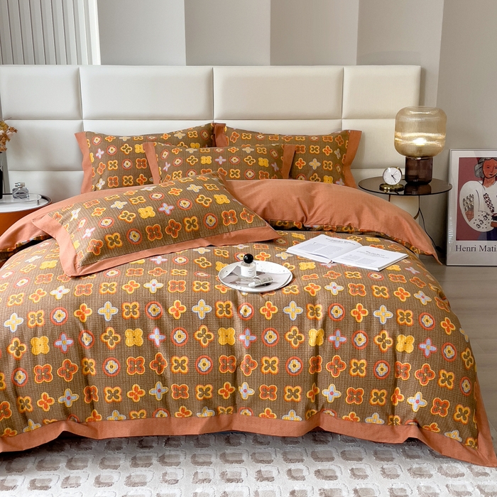 印季家纺 2025新款生态全棉纯棉磨毛混纺欧式花边款四件套 路易登（咖）