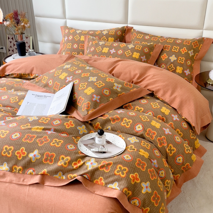 91家纺网 家纺一手货源 找家纺 印季家纺 2025新款生态全棉纯棉磨毛混纺欧式花边款四件套 路易登（咖）