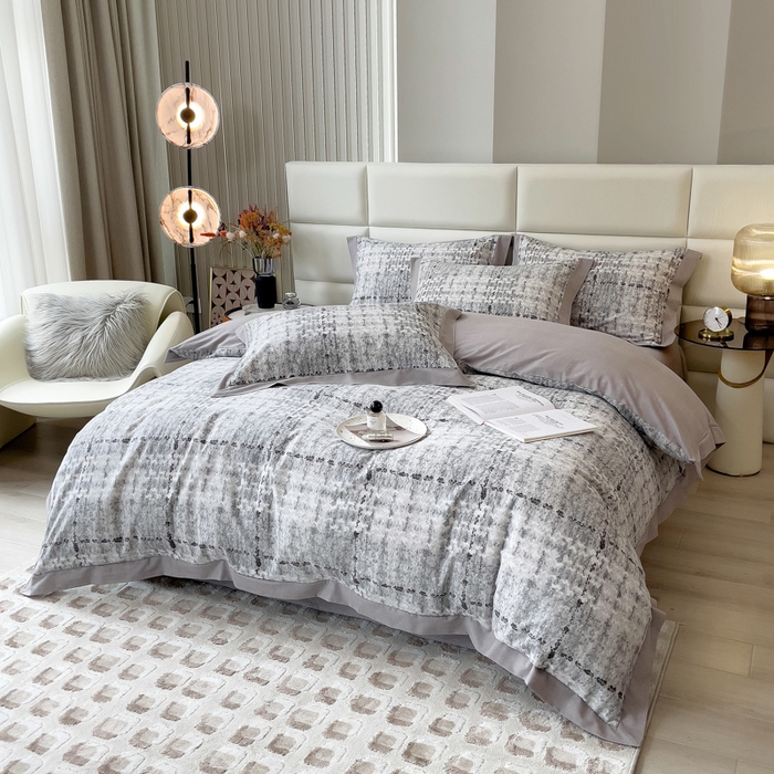 91家纺网 家纺一手货源 找家纺 印季家纺 2025新款生态全棉纯棉磨毛混纺欧式花边款四件套 茂纤（灰）