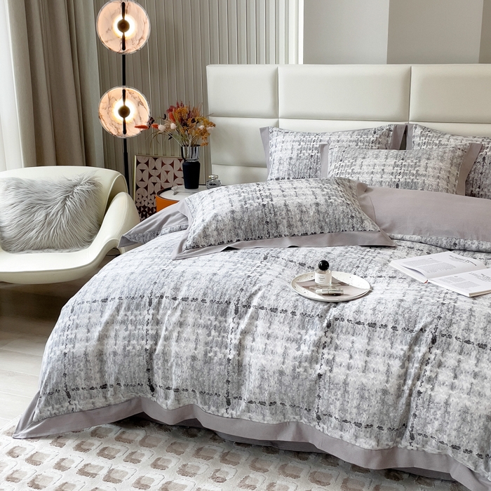 91家纺网 家纺一手货源 找家纺 印季家纺 2025新款生态全棉纯棉磨毛混纺欧式花边款四件套 茂纤（灰）