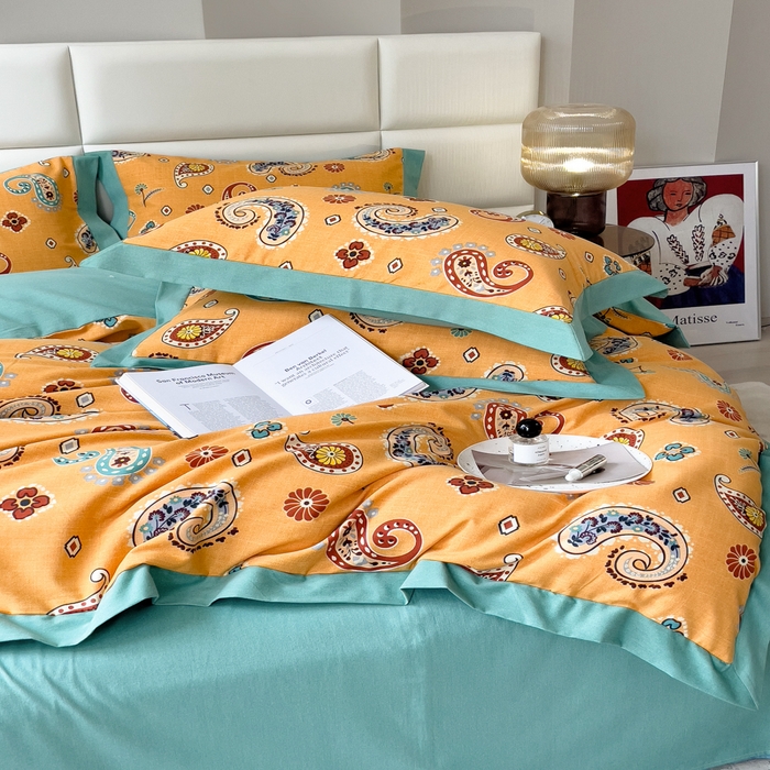 91家纺网 家纺一手货源 找家纺 印季家纺 2025新款生态全棉纯棉磨毛混纺欧式花边款四件套 沐光（桔）