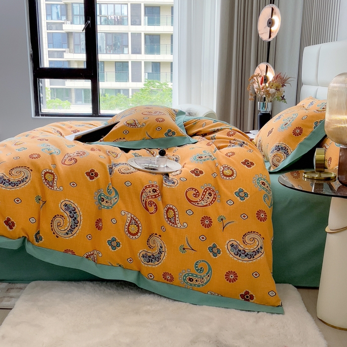 91家纺网 家纺一手货源 找家纺 印季家纺 2025新款生态全棉纯棉磨毛混纺欧式花边款四件套 沐光（桔）