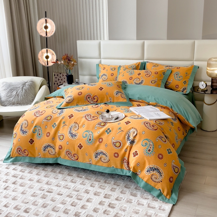 91家纺网 家纺一手货源 找家纺 印季家纺 2025新款生态全棉纯棉磨毛混纺欧式花边款四件套 沐光（桔）