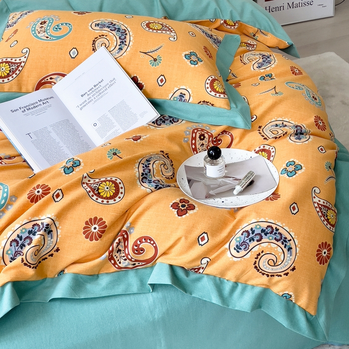 91家纺网 家纺一手货源 找家纺 印季家纺 2025新款生态全棉纯棉磨毛混纺欧式花边款四件套 沐光（桔）