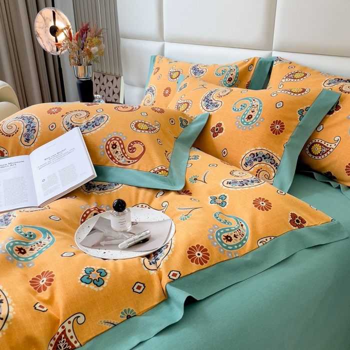 91家纺网 家纺一手货源 找家纺 印季家纺 2025新款生态全棉纯棉磨毛混纺欧式花边款四件套 沐光（桔）