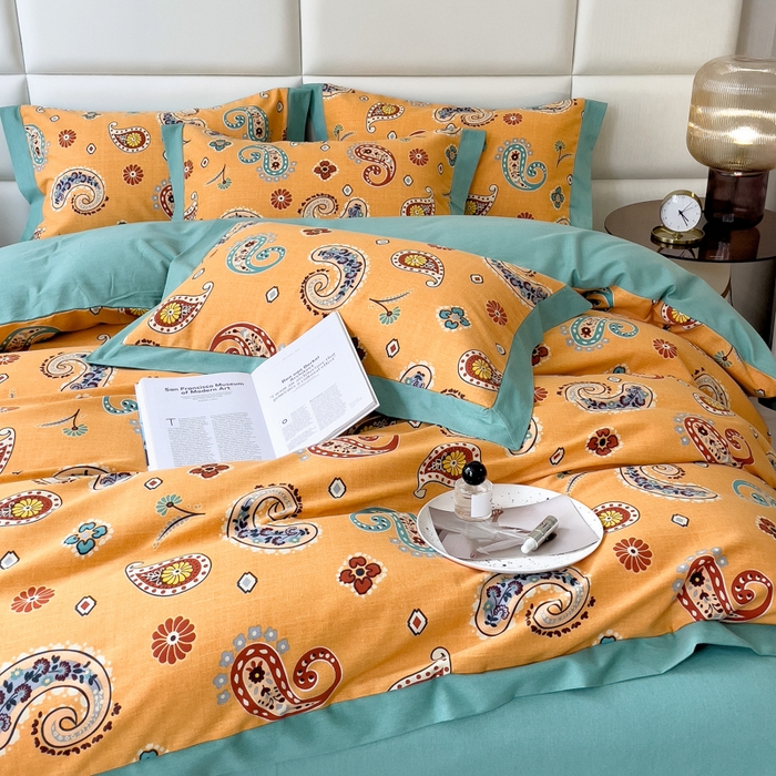 91家纺网 家纺一手货源 找家纺 印季家纺 2025新款生态全棉纯棉磨毛混纺欧式花边款四件套 沐光（桔）