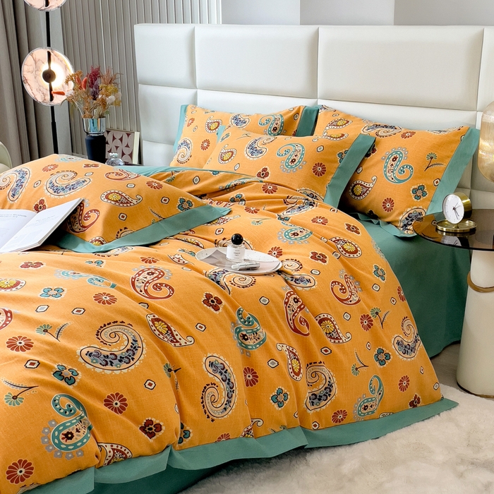 91家纺网 家纺一手货源 找家纺 印季家纺 2025新款生态全棉纯棉磨毛混纺欧式花边款四件套 沐光（桔）