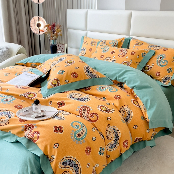 91家纺网 家纺一手货源 找家纺 印季家纺 2025新款生态全棉纯棉磨毛混纺欧式花边款四件套 沐光（桔）