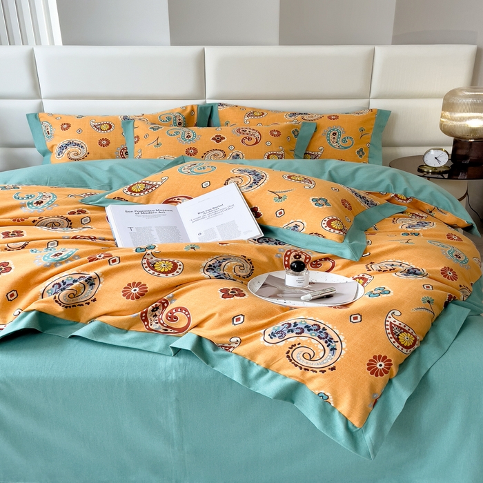 91家纺网 家纺一手货源 找家纺 印季家纺 2025新款生态全棉纯棉磨毛混纺欧式花边款四件套 沐光（桔）