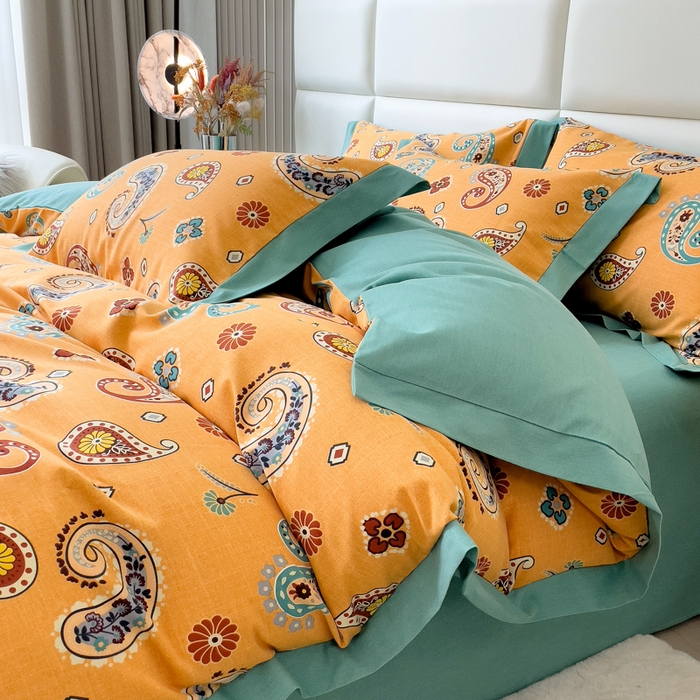 91家纺网 家纺一手货源 找家纺 印季家纺 2025新款生态全棉纯棉磨毛混纺欧式花边款四件套 沐光（桔）