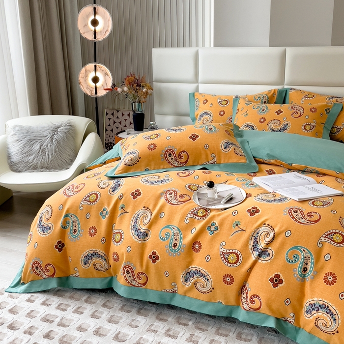 91家纺网 家纺一手货源 找家纺 印季家纺 2025新款生态全棉纯棉磨毛混纺欧式花边款四件套 沐光（桔）