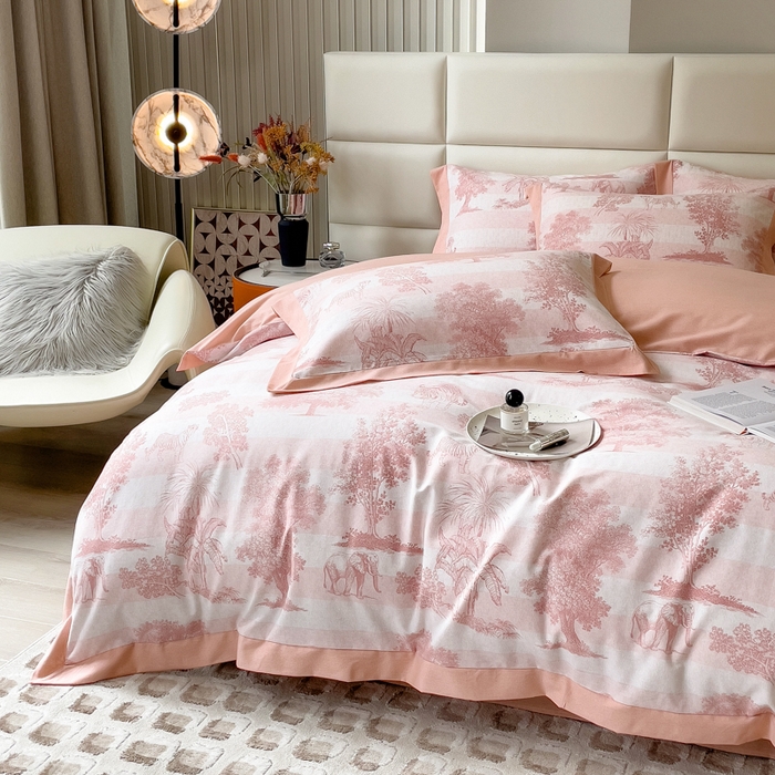 91家纺网 家纺一手货源 找家纺 印季家纺 2025新款生态全棉纯棉磨毛混纺欧式花边款四件套 椰象（粉）