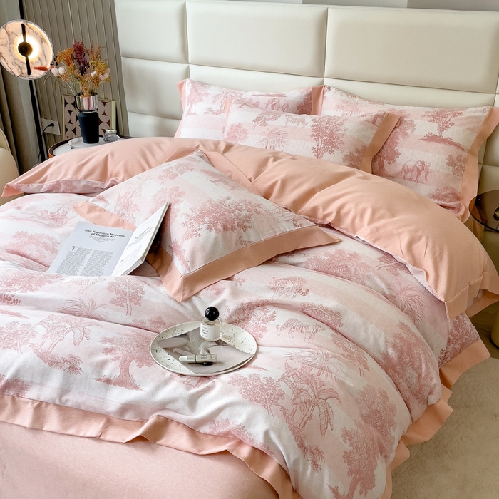 91家纺网 家纺一手货源 找家纺 印季家纺 2025新款生态全棉纯棉磨毛混纺欧式花边款四件套 椰象（粉）