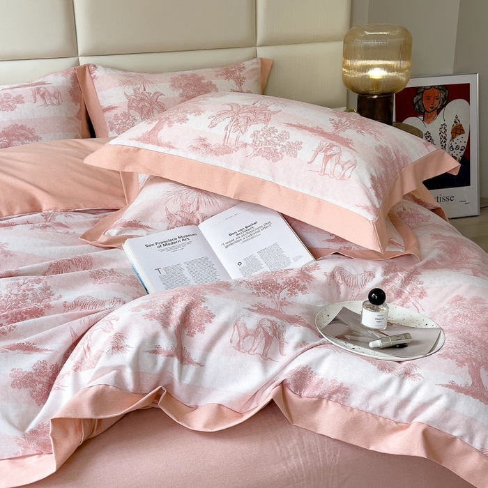 91家纺网 家纺一手货源 找家纺 印季家纺 2025新款生态全棉纯棉磨毛混纺欧式花边款四件套 椰象（粉）