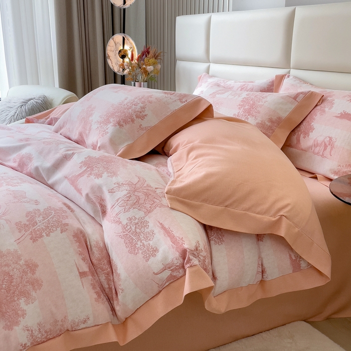 91家纺网 家纺一手货源 找家纺 印季家纺 2025新款生态全棉纯棉磨毛混纺欧式花边款四件套 椰象（粉）