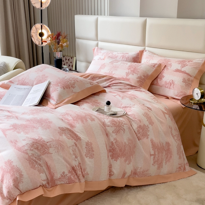 91家纺网 家纺一手货源 找家纺 印季家纺 2025新款生态全棉纯棉磨毛混纺欧式花边款四件套 椰象（粉）