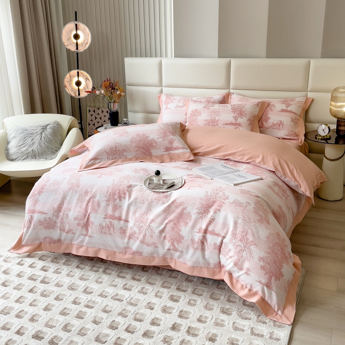 91家纺网 家纺一手货源 找家纺 印季家纺 2025新款生态全棉纯棉磨毛混纺欧式花边款四件套 椰象（粉）