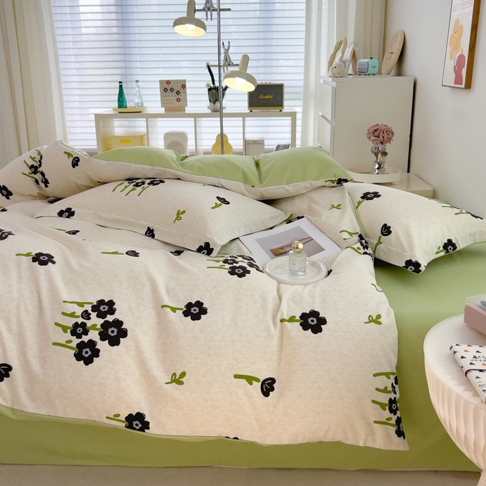 91家纺网 家纺一手货源 找家纺 印季家纺 2025新款全棉纯棉加厚小清新碎花混纺磨毛四件套 墨玉