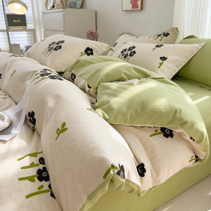 印季家纺 2025新款全棉纯棉加厚小清新碎花混纺磨毛四件套 墨玉