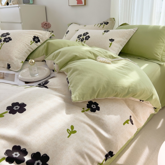 91家纺网 家纺一手货源 找家纺 印季家纺 2025新款全棉纯棉加厚小清新碎花混纺磨毛四件套 墨玉