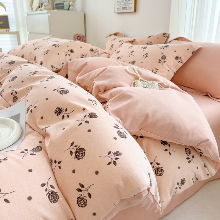 印季家纺 2025新款全棉纯棉加厚小清新碎花混纺磨毛四件套 莫拉-黑