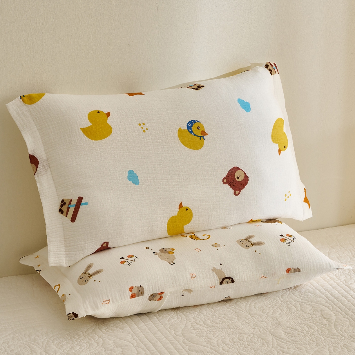 91家纺网 家纺一手货源 找家纺 乐可 2025新款全棉纯棉纱布儿童枕套单枕套 TB2小熊黄鸭