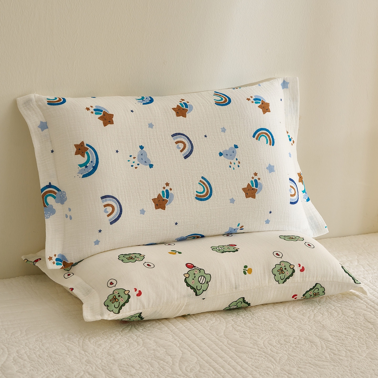 91家纺网 家纺一手货源 找家纺 乐可 2025新款全棉纯棉纱布儿童枕套单枕套 TB2星星彩虹蓝