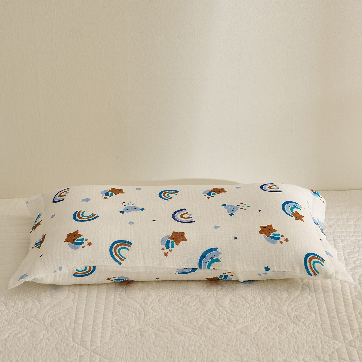 91家纺网 家纺一手货源 找家纺 乐可 2025新款全棉纯棉纱布儿童枕套单枕套 TB2星星彩虹蓝